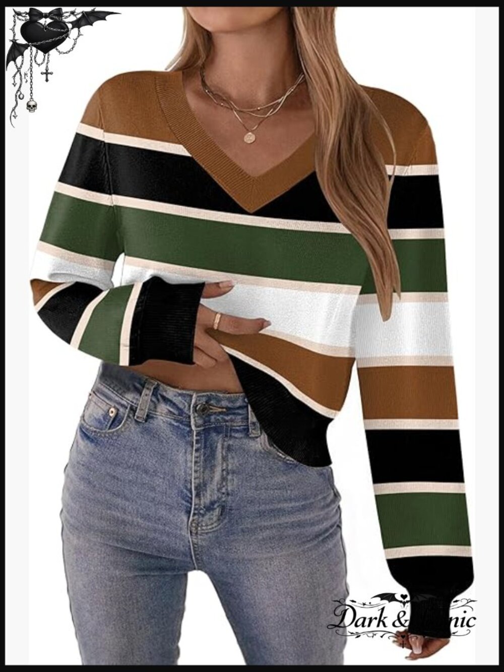 V-Neck Cropped Sweater Long Lantern Sleeve Ribbed Knit Pullover Crop Top